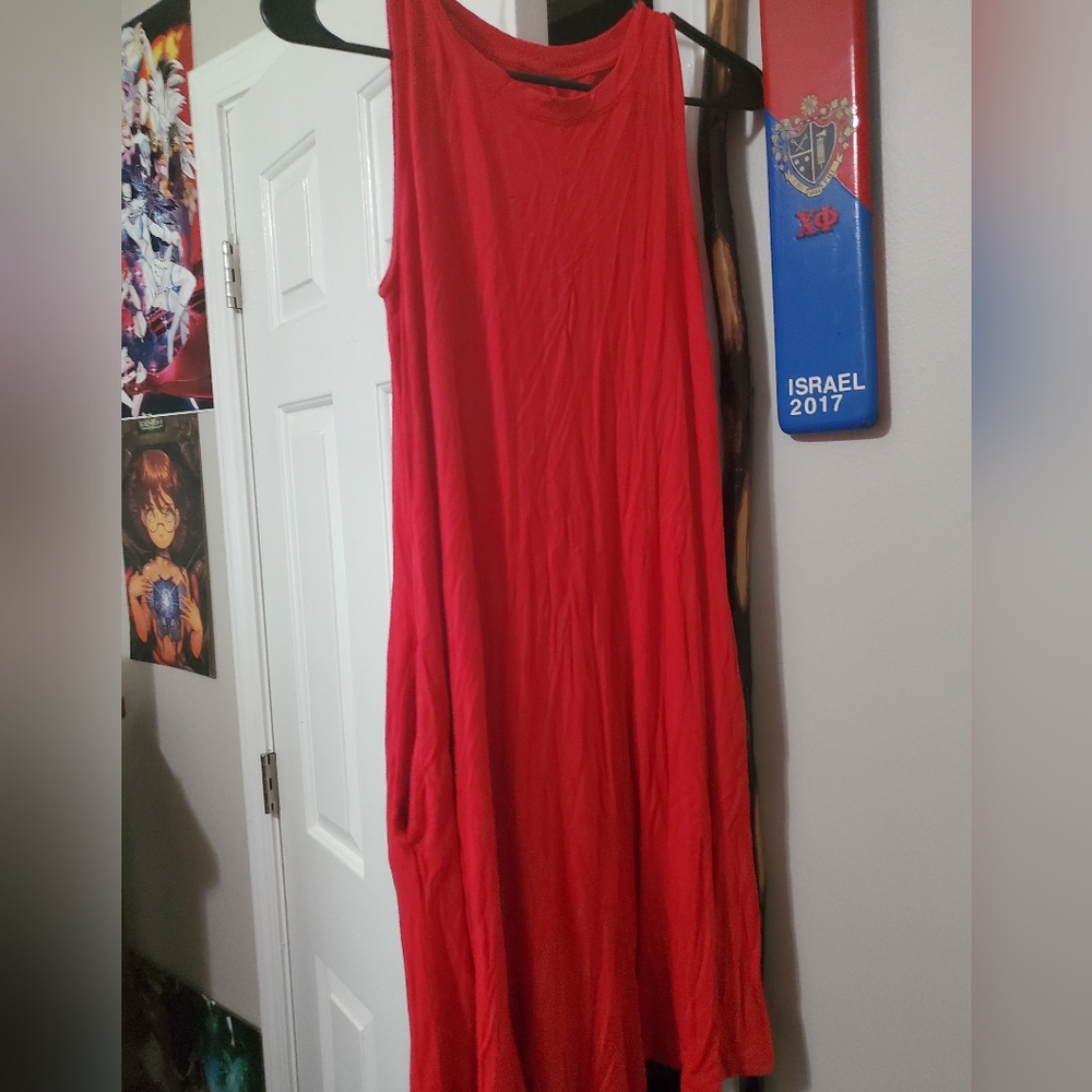 Red midi dress with pockets